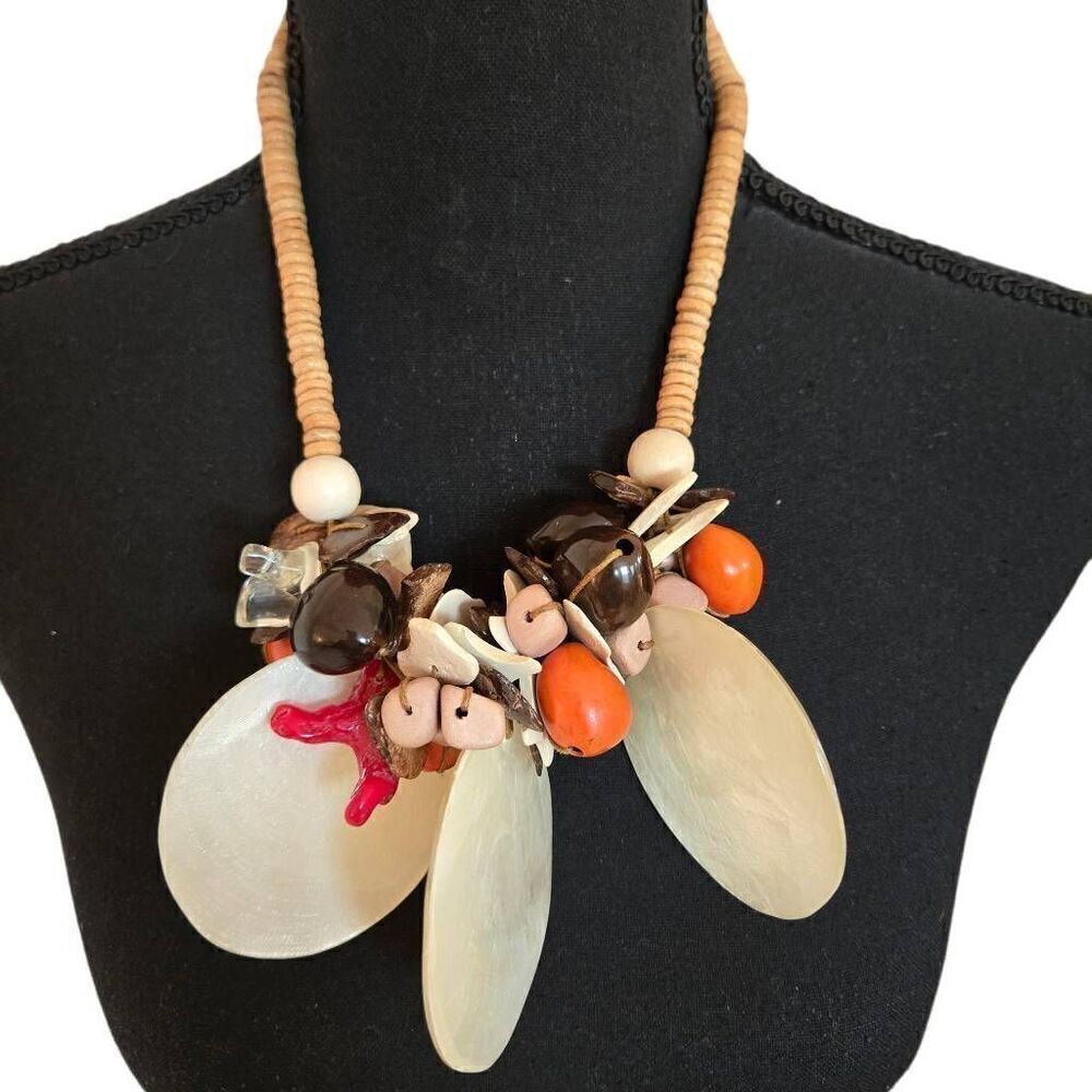 Womens Wooden Shell Ornaments Fashion Statement Necklace Yellow OS